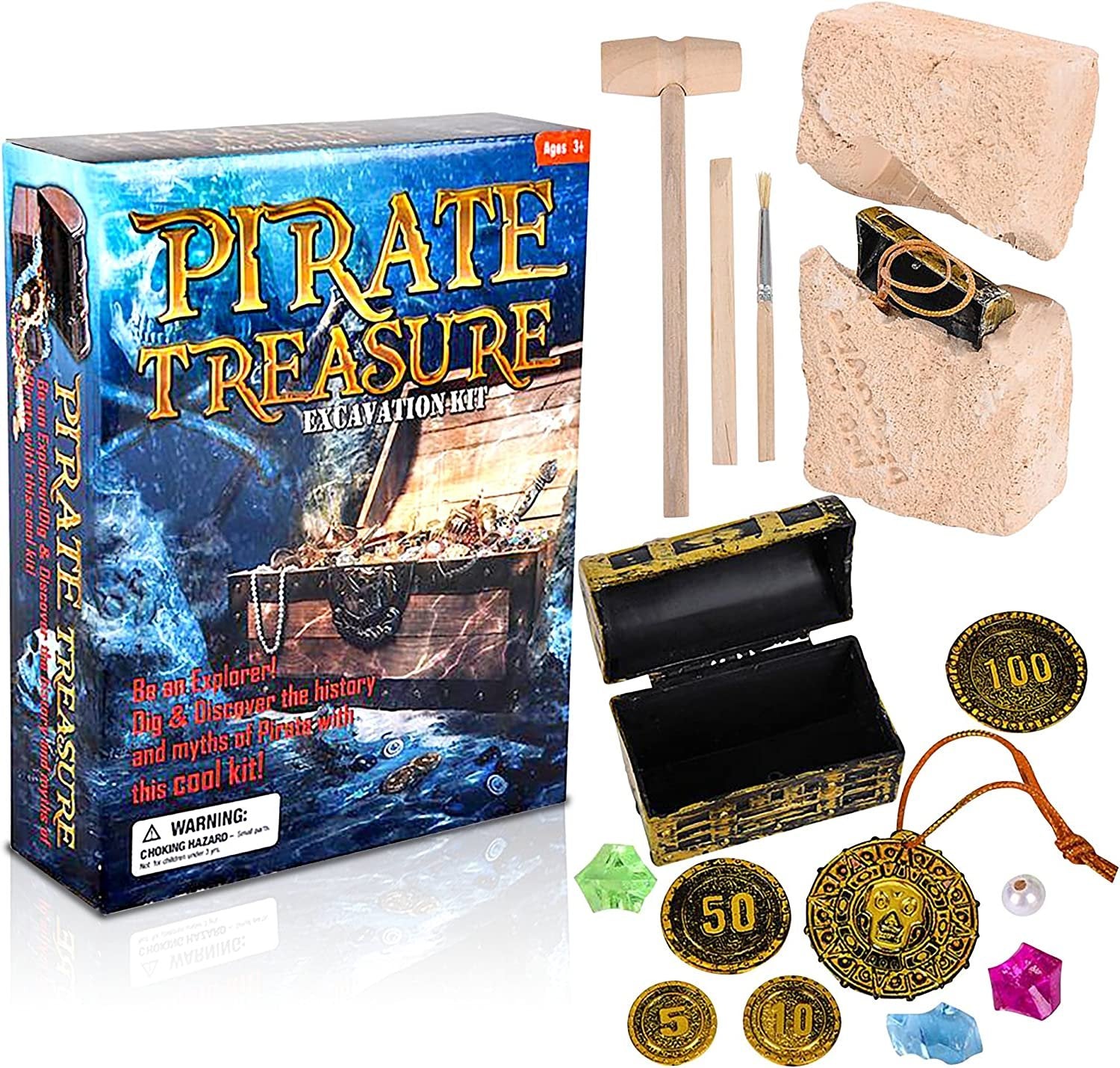 ArtCreativity Pirate Treasure Dig Kit for Kids | Gem Excavation Set with Digging Tools | Interactive Excavating Toys | Great Birthday Gift Idea/ Conte
